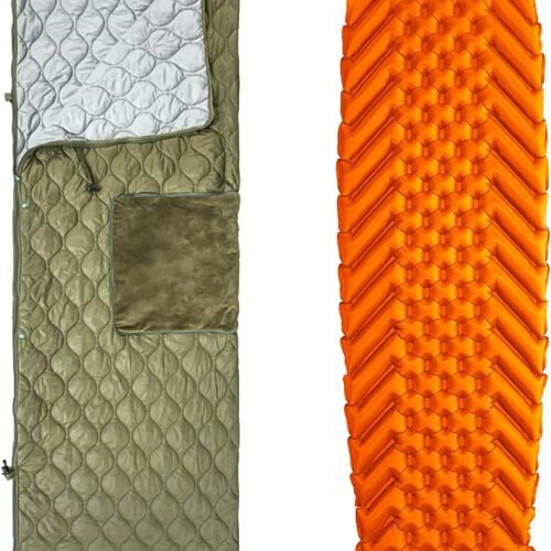 Sleeping Bag with Inflatable Sleeping Pad, Wearable Blanket Insulated Poncho Hooded, Sleepingbag Quilt for Winter Camping Hiking Sports